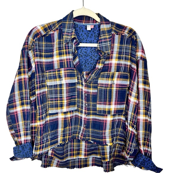 Anthropologie Pilcro Cropped Plaid Button-Down Shirt Top Blue Small Oversized - Picture 8 of 16